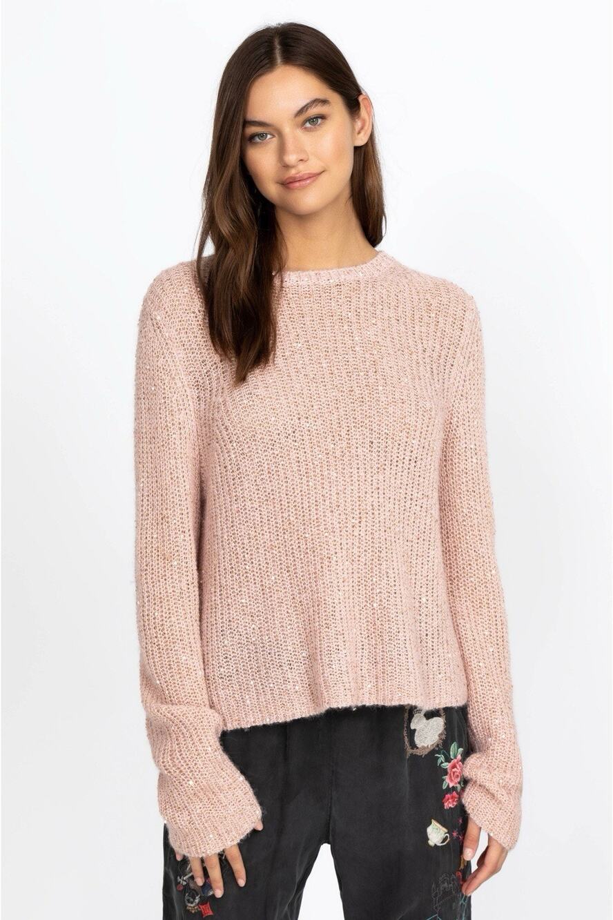 Johnny Was Sequin Blush Pink Alpaca Merino Wool Crewneck Knit Sweater Size Small